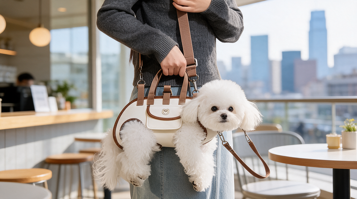Chien porté comme un sac à main sur une terrasse de café — sac Pattes Libres
