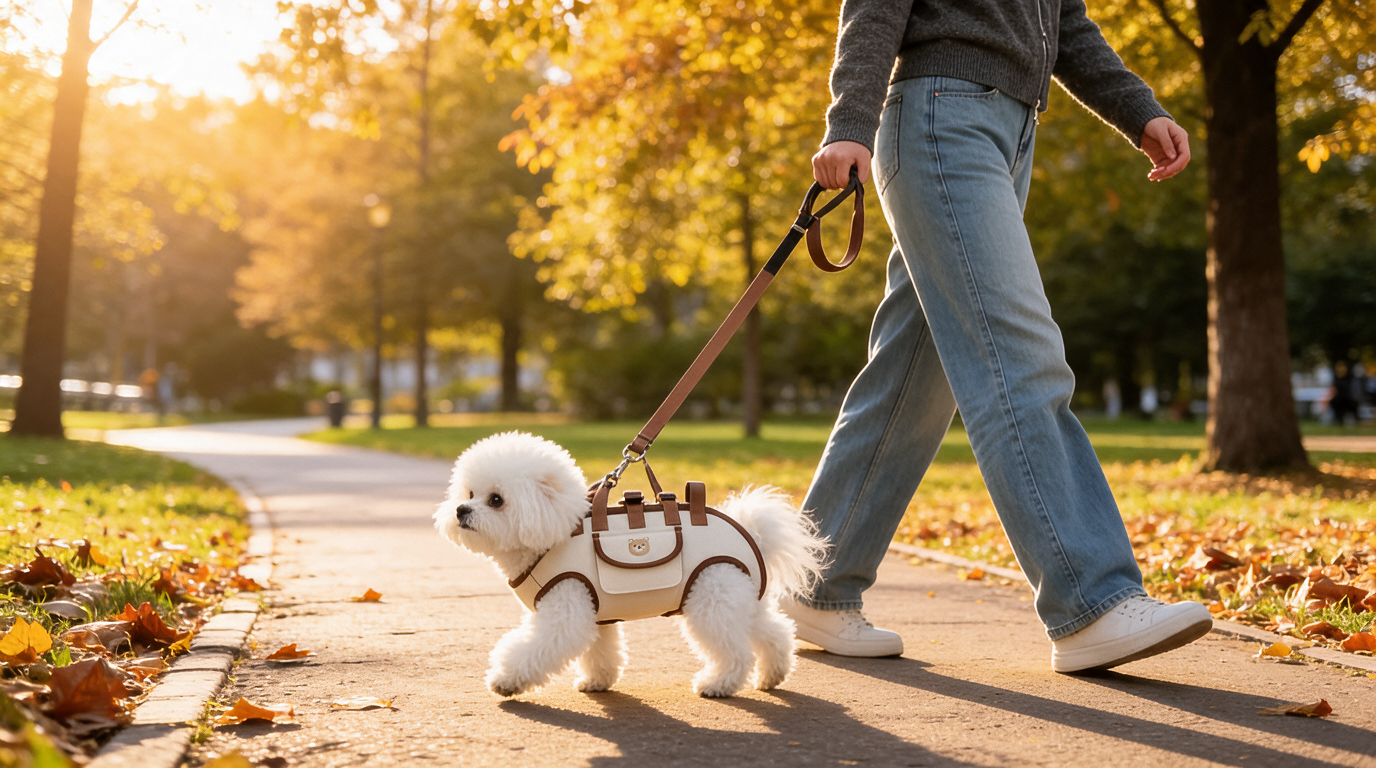 Balade en laisse au parc avec le sac de portage Pattes Libres
