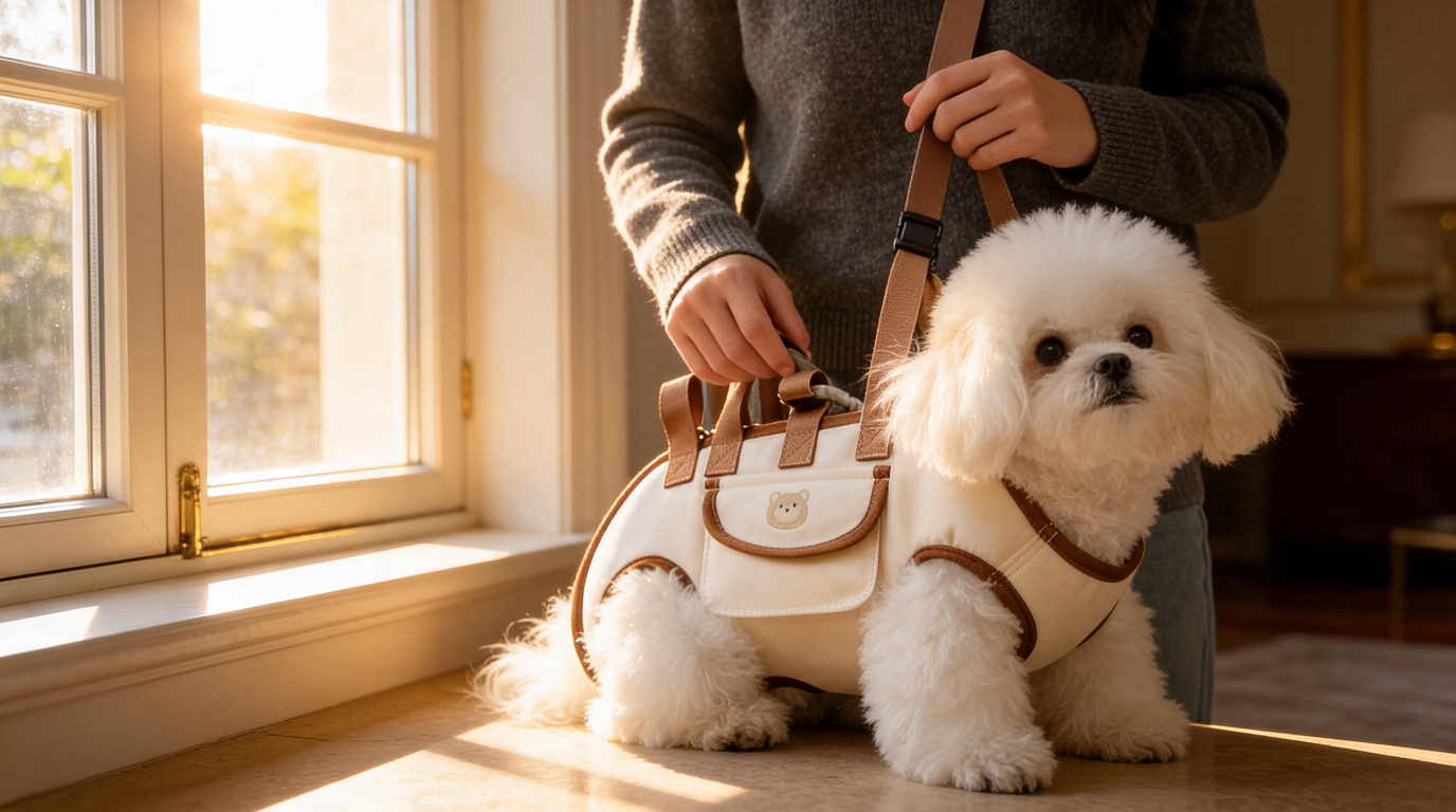 Chien installé dans le sac de portage à la maison — Pattes Libres